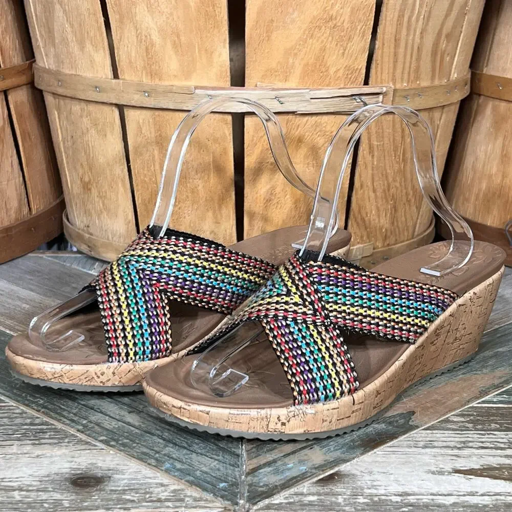 Skechers Cali Beverlee Delighted Multicolor Woven Cork Wedge Sandals Womens 10